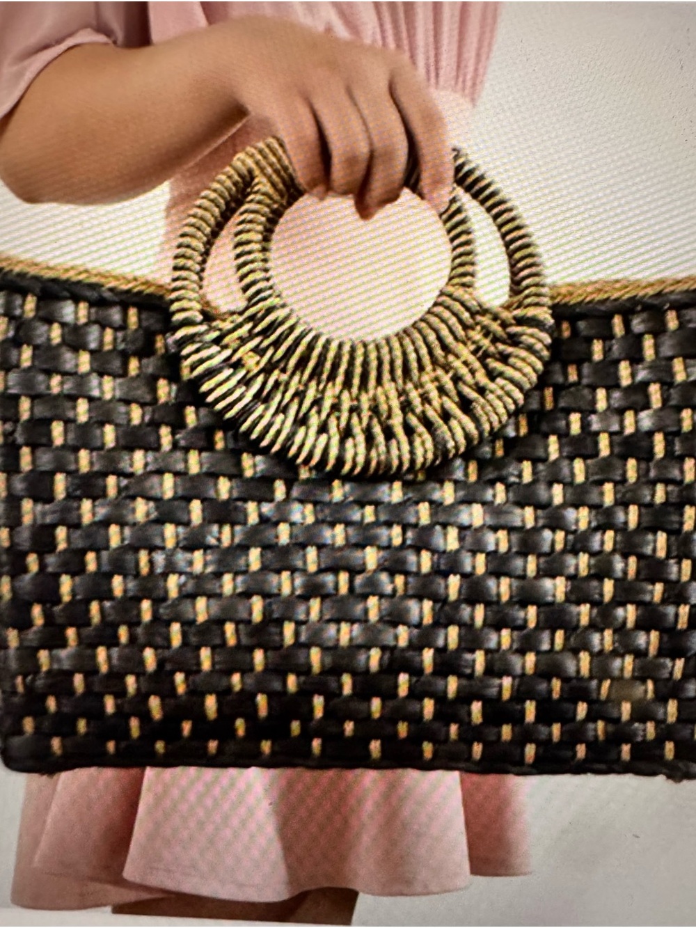 Woven Circle-Handle Tote Bag in Black and Tan